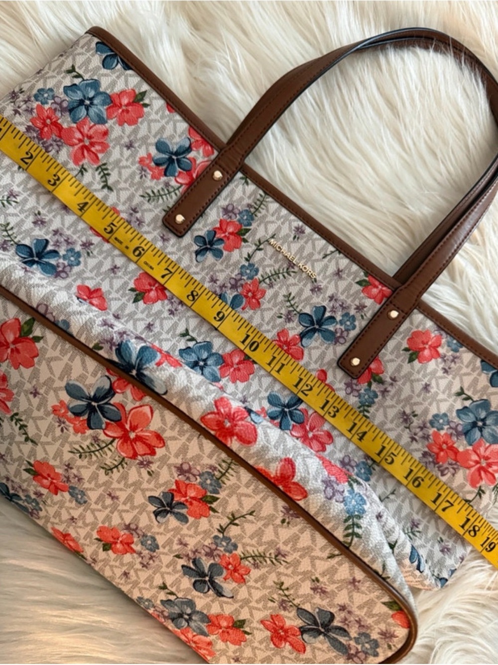 Michael Kors White Floral Tote with Coral & Blue Flowers - Picture 2 of 9